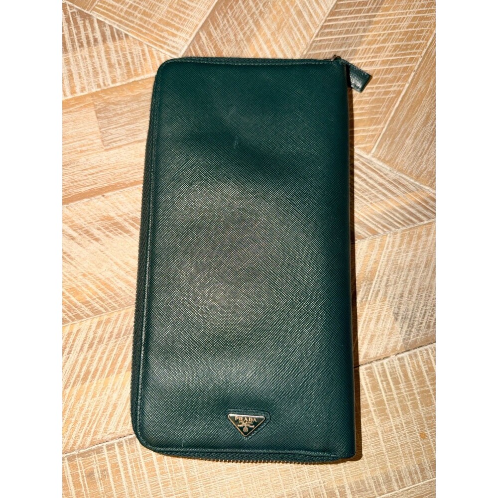 Prada Green Saffiano Travel Organizer Zip Wallet Large Clutch